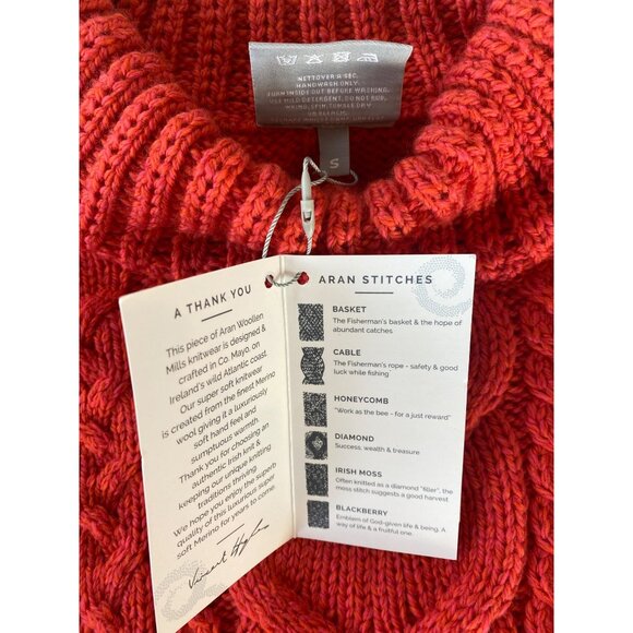 NWT Aran Woollen Mills Red Cable-knit Crew Neck Merino Sweater S Balloon Sleeves - Picture 8 of 14